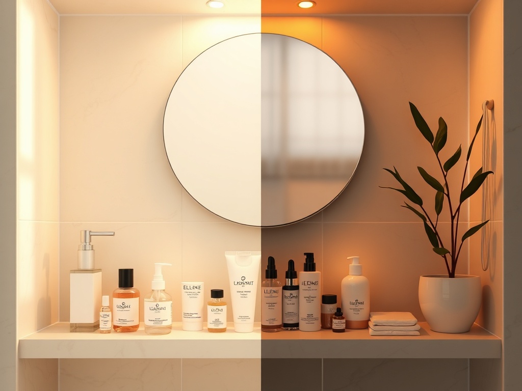 bathroom shelf split into morning and night skincare routines with soft daylight vs warm evening lighting