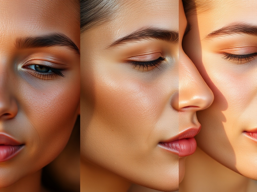 close-up of diverse skin types showing oily shine, dryness, and balanced skin under soft natural light