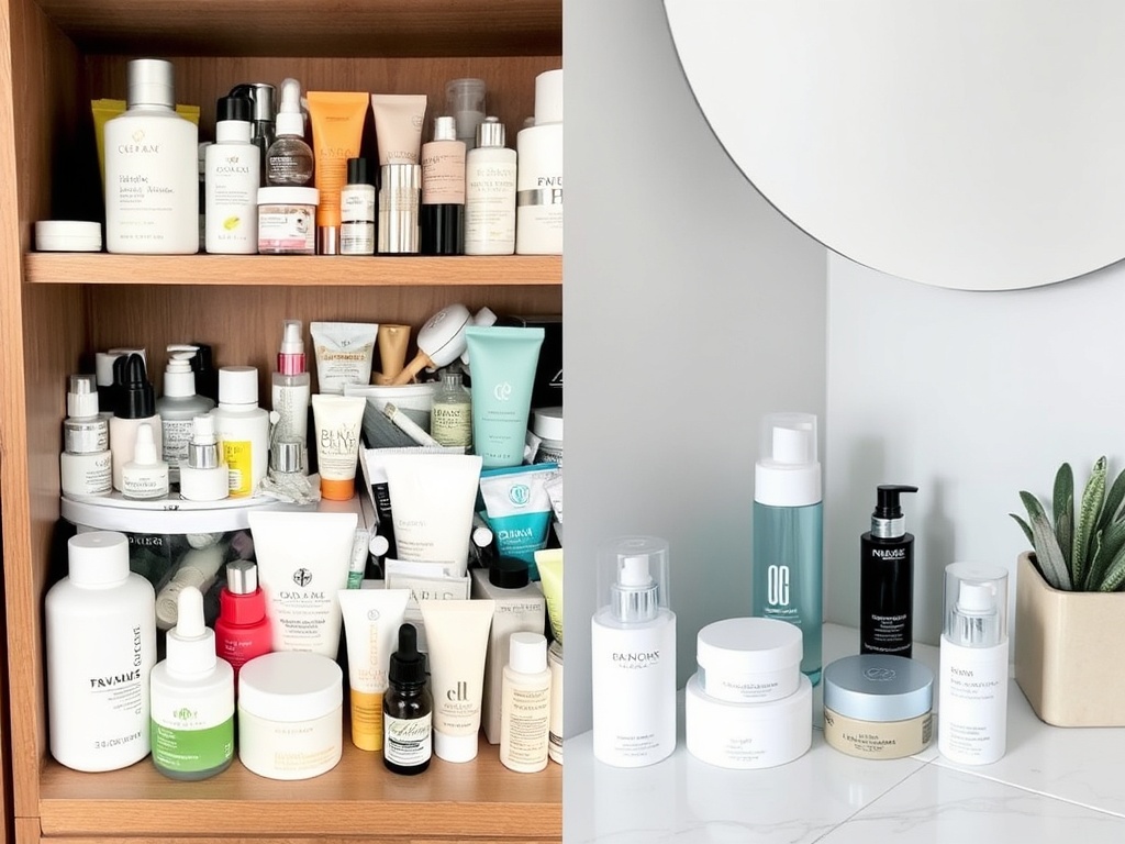 cluttered skincare shelf with too many products contrasted with a minimal routine setup