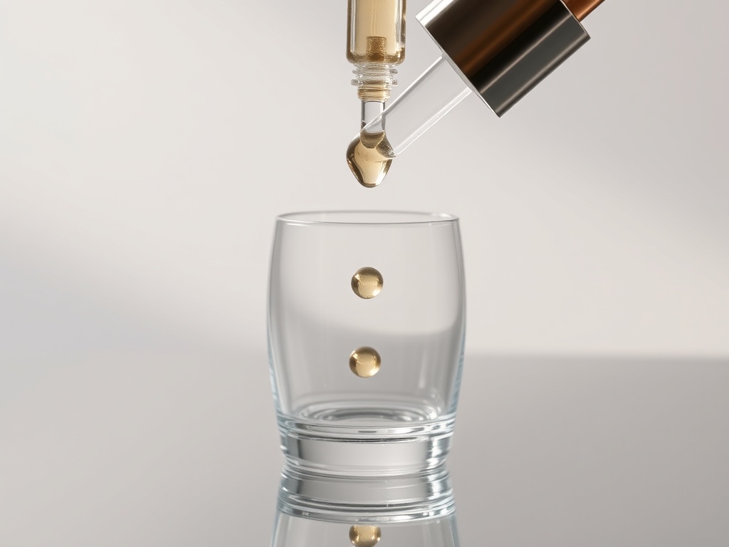 dropper serum falling onto glass surface with soft lighting highlighting texture and clarity