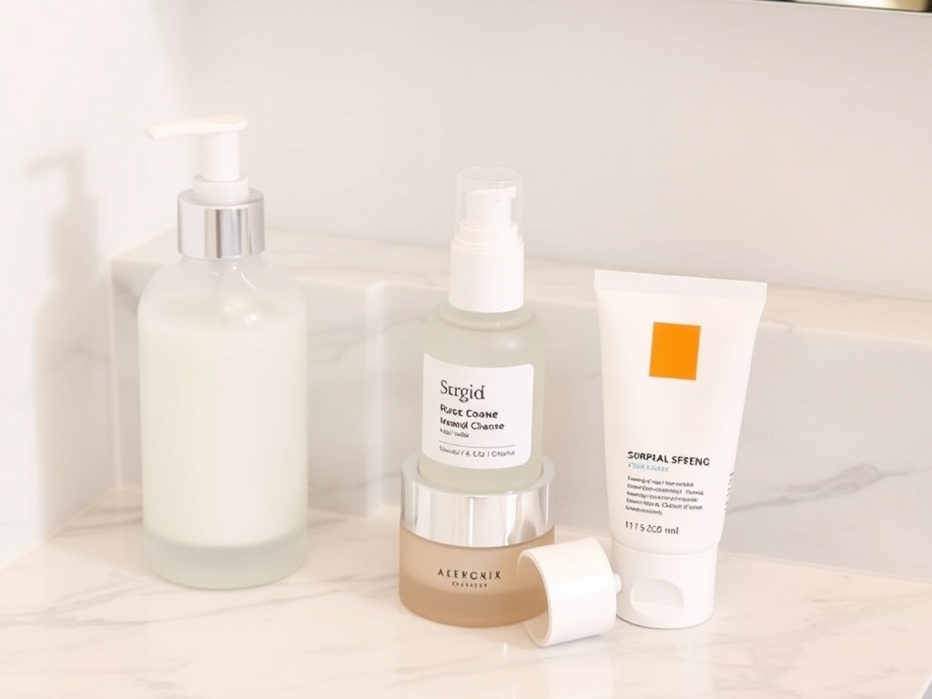 minimal skincare routine on marble counter with cleanser, moisturizer, and sunscreen in neutral packaging