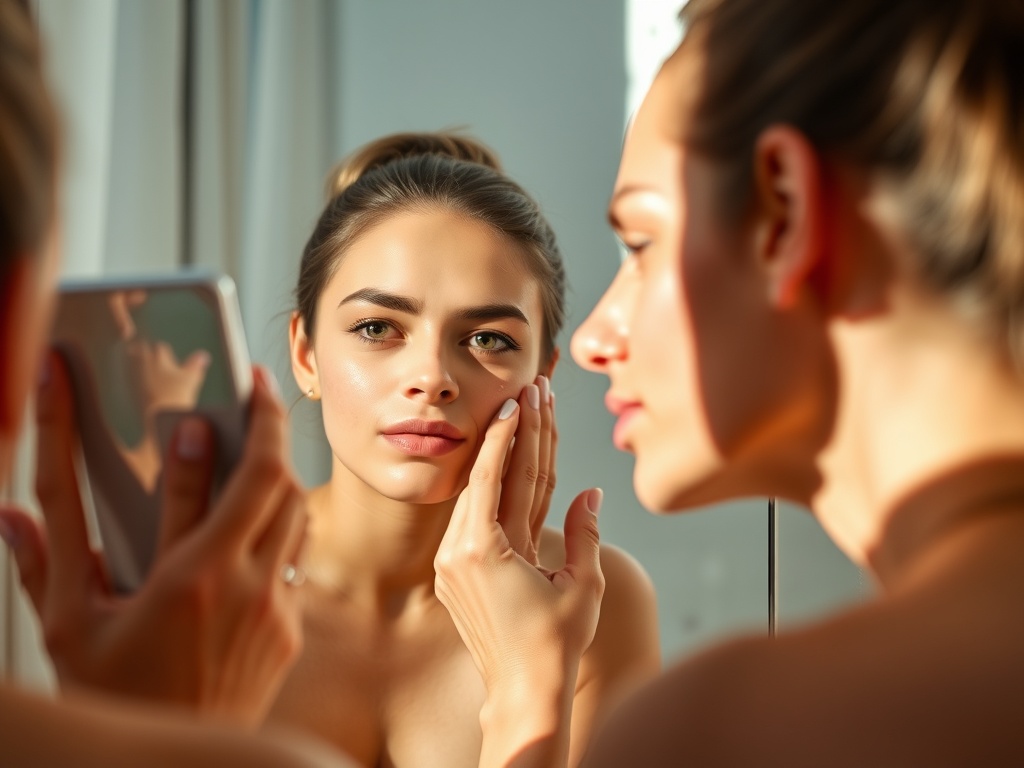 person analyzing skincare results in mirror with natural lighting showing realistic skin texture