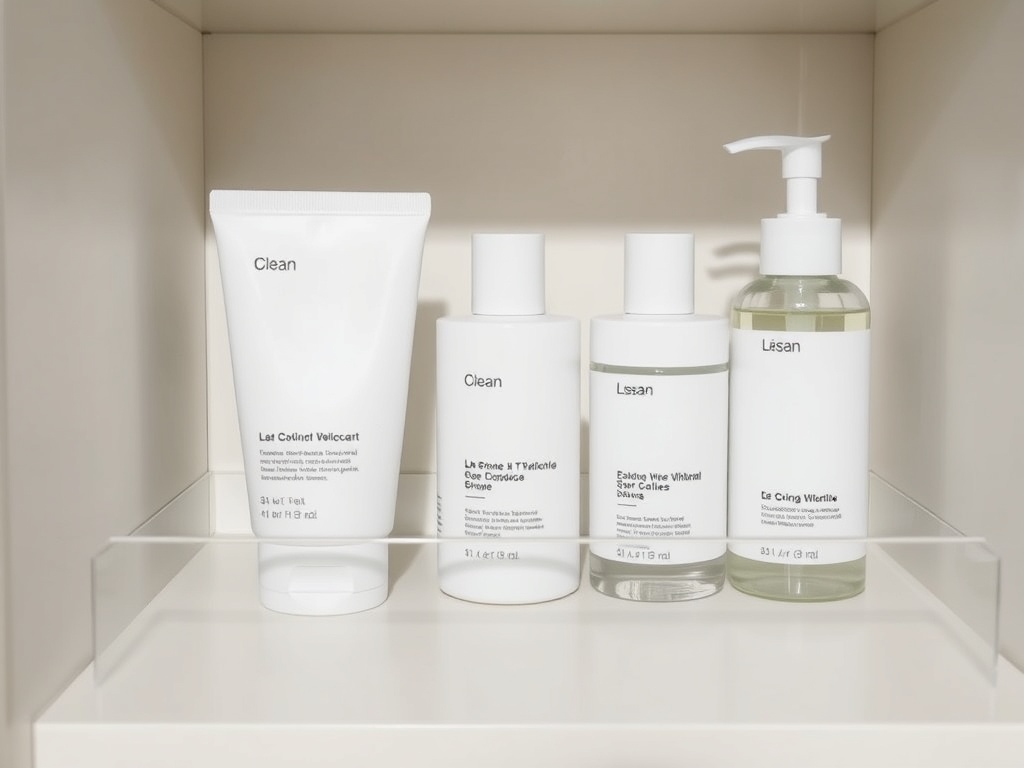 clean minimal skincare shelf with only 3-4 essential products, neutral tones, calm aesthetic
