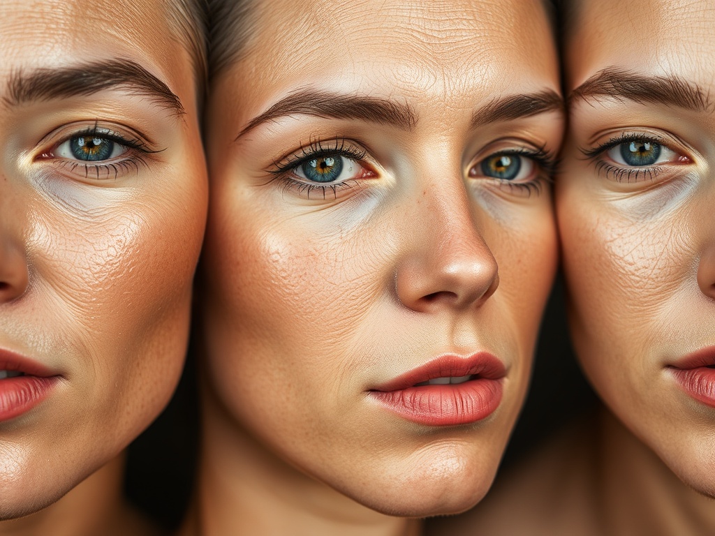close-up natural skin textures showing oily, dry, combination, and normal skin types side by side, soft lighting, editorial skincare photography
