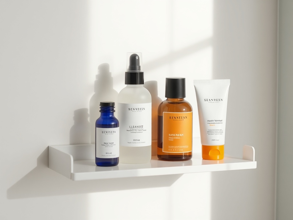 minimalist bathroom shelf with cleanser, serum, moisturizer, sunscreen neatly arranged, soft morning light, clean aesthetic
