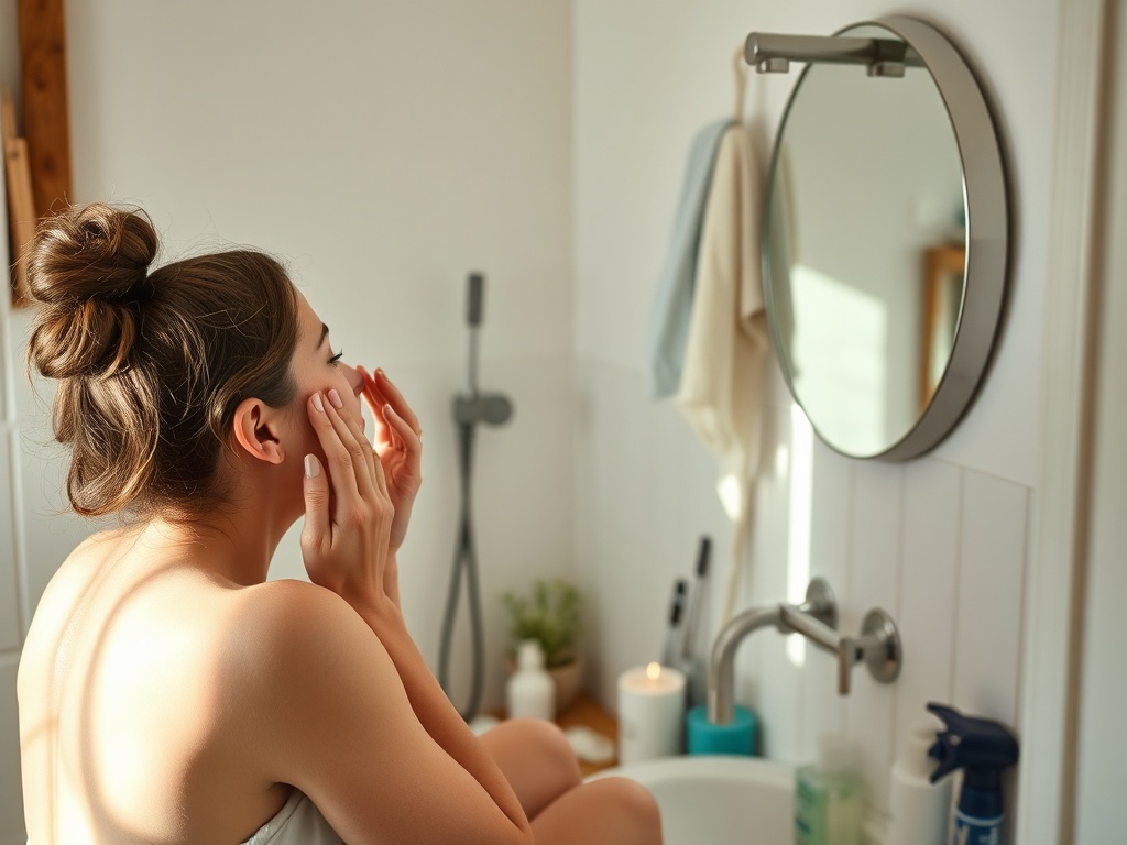 person doing skincare routine in realistic messy bathroom, natural candid moment, morning light, lifestyle photography