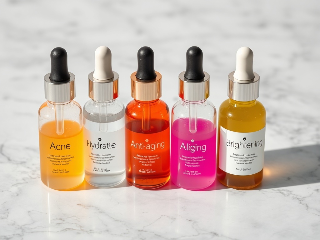 serum droppers with different colored liquids on marble surface, labeled for acne, hydration, anti-aging, brightening, aesthetic beauty editorial