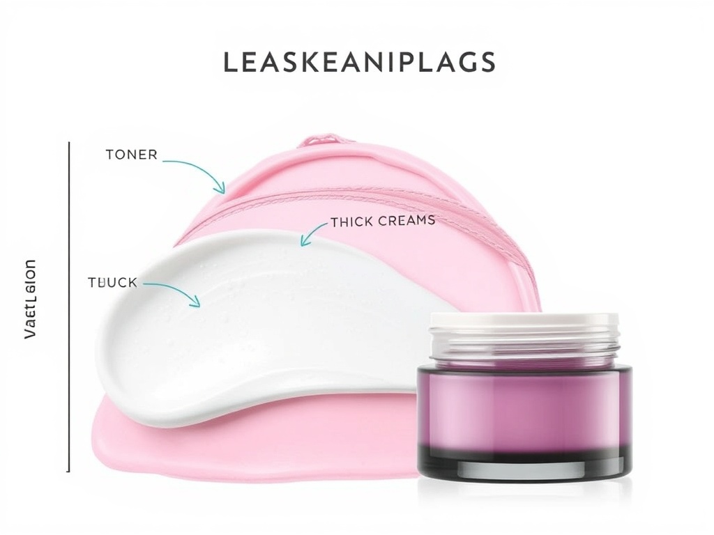 skincare layering diagram with textures from watery toners to thick creams shown visually, clean infographic style, beauty editorial