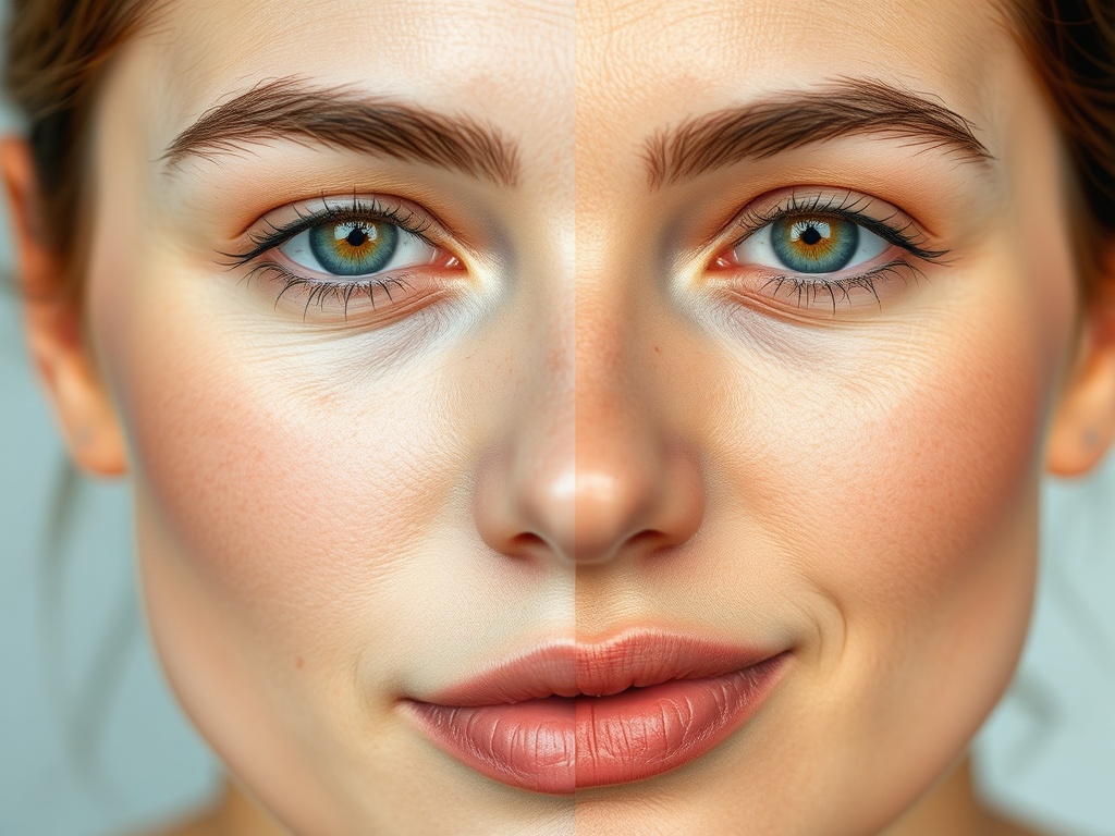 split face comparison irritated skin vs healthy glowing skin, close-up, natural tones, skincare results concept