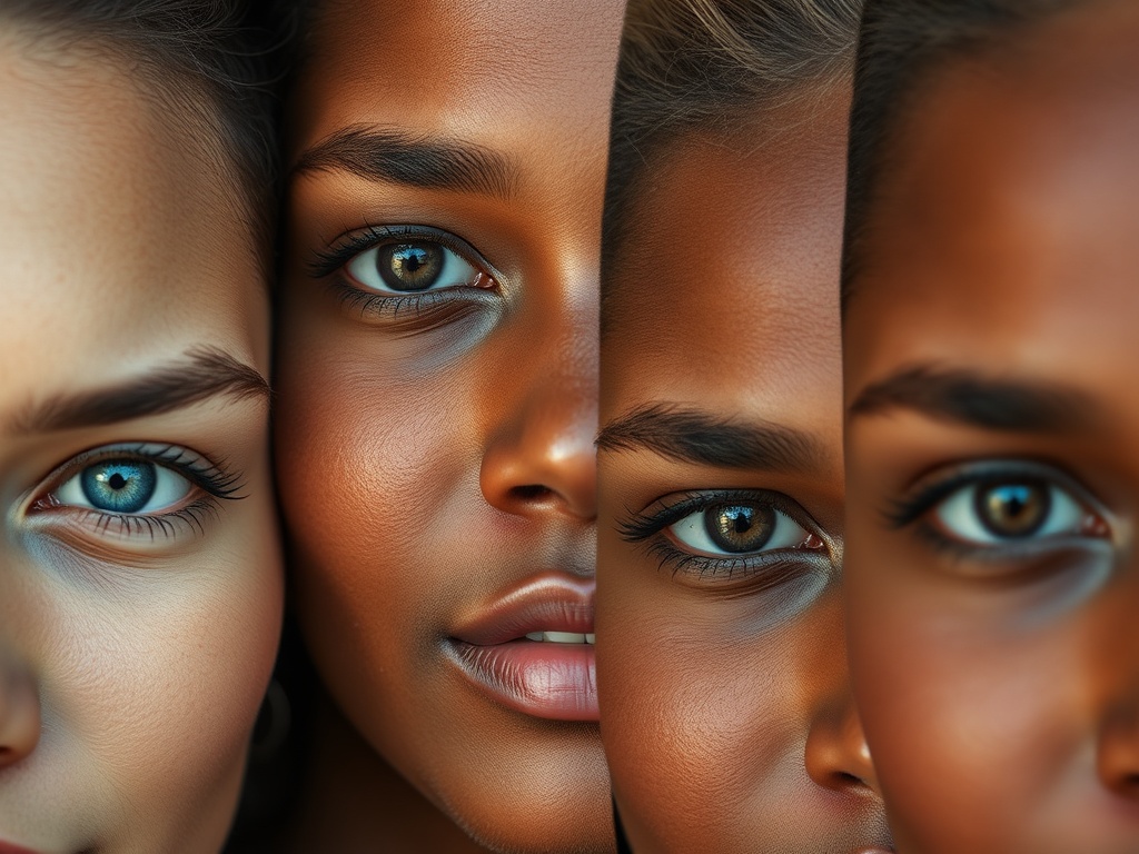close-up of different skin types on diverse faces, natural lighting, minimal makeup, realistic texture