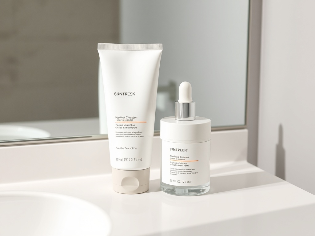 minimal skincare setup with cleanser moisturizer sunscreen on clean bathroom counter aesthetic neutral tones