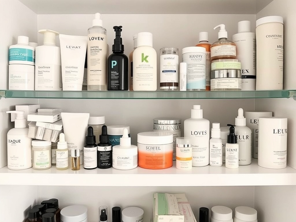 overloaded skincare shelf clutter vs minimal routine comparison clean aesthetic