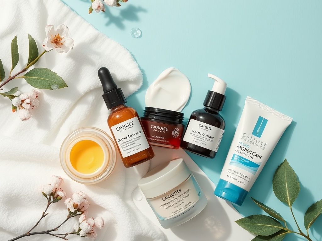 seasonal skincare flat lay winter rich creams summer lightweight gel products aesthetic