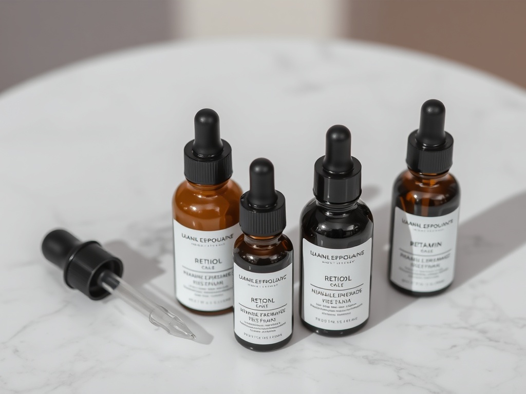 serums with droppers on marble surface, vitamin c retinol niacinamide labels minimal luxury aesthetic