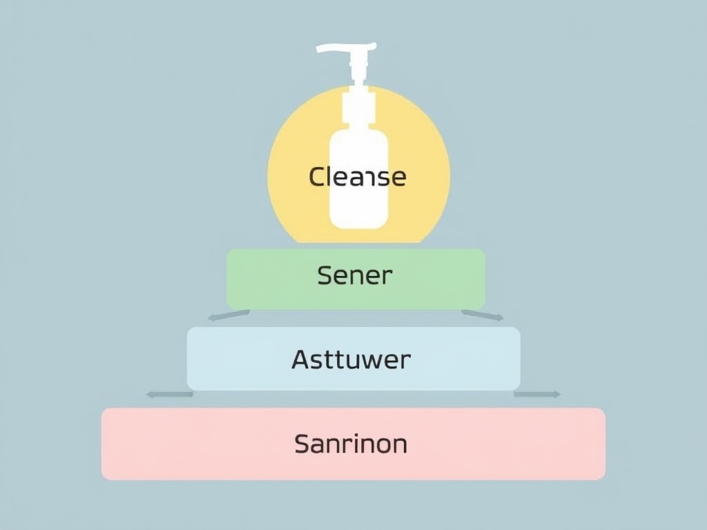 skincare layering diagram with arrows cleanser toner serum moisturizer sunscreen clean infographic style