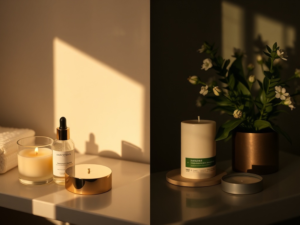 split image morning sunlight skincare routine and nighttime cozy skincare routine candle soft lighting