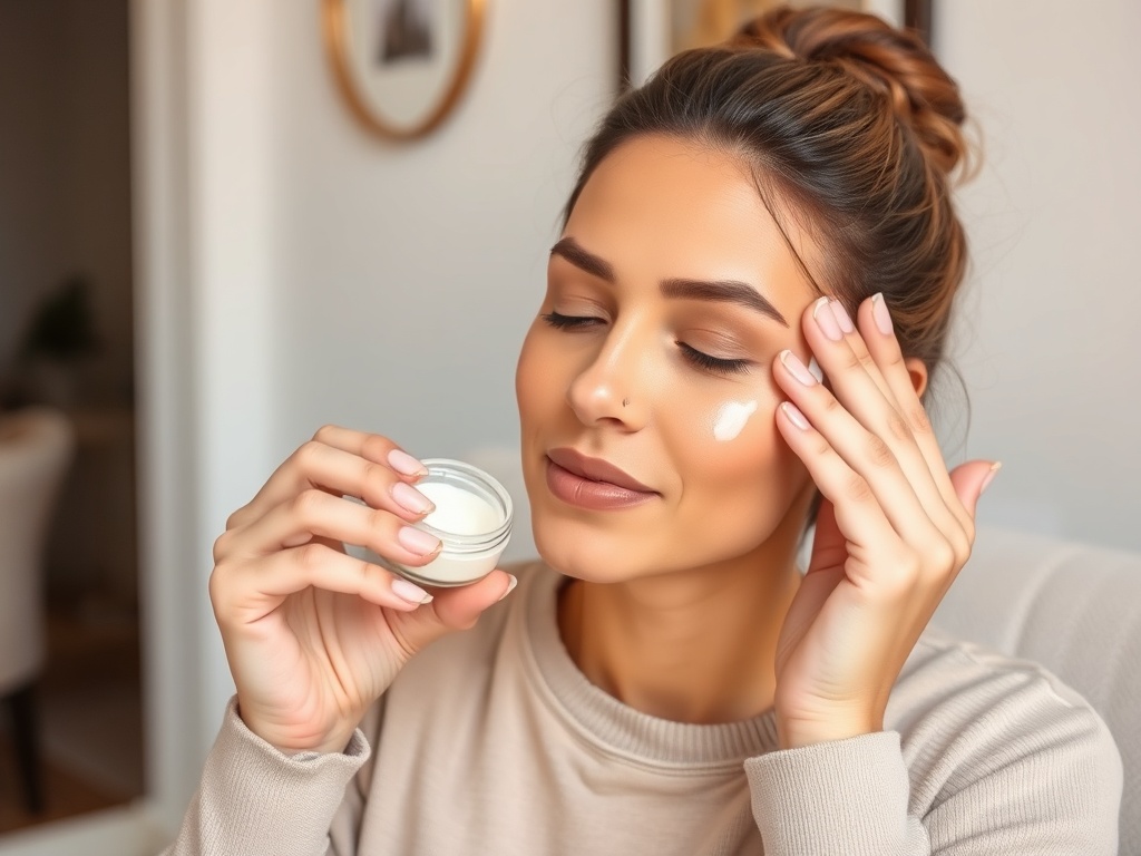 A person applying a moisturizing cream to their face with a gentle massage technique, sitting in a relaxed home setting.