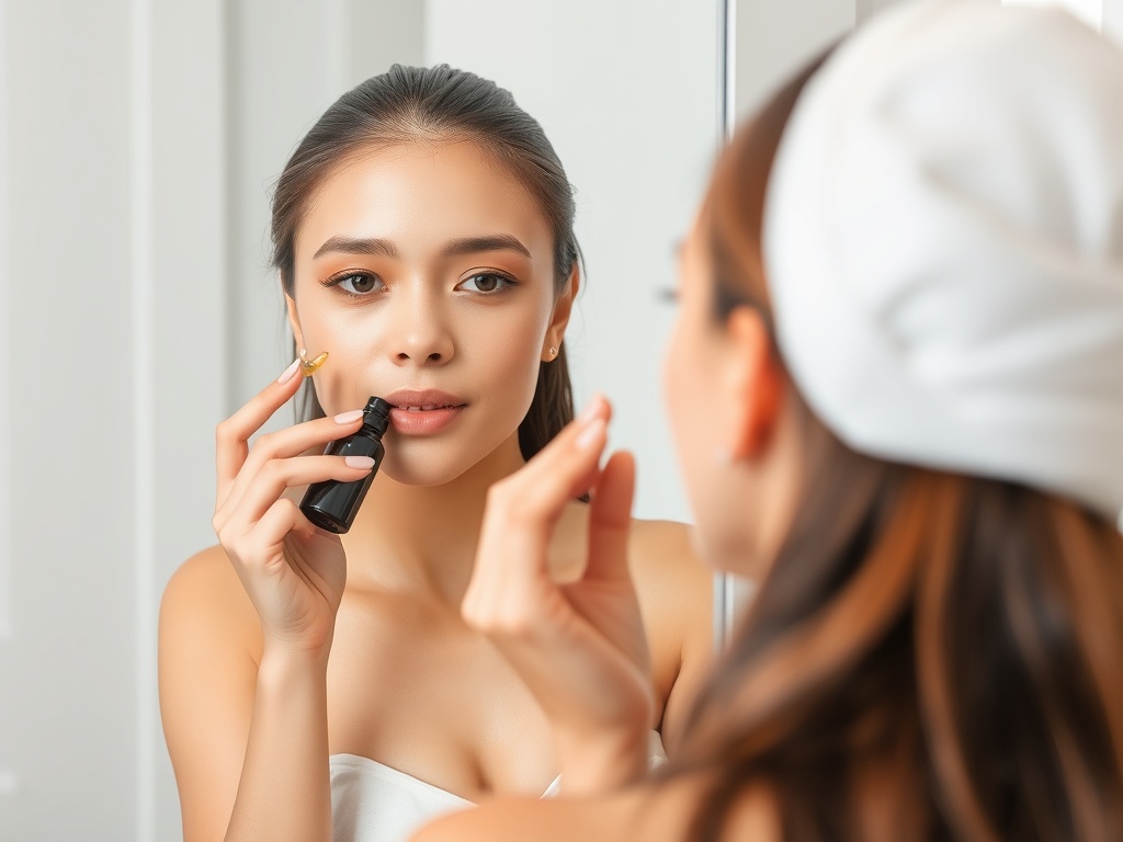 A person with glowing skin applying a serum to their face in front of a mirror, wearing a simple, clean outfit.