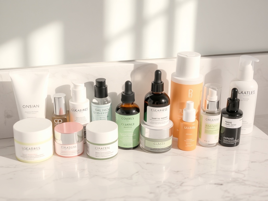 A variety of skincare products laid out on a marble countertop, including moisturizers, serums, and cleansers, in a well-lit setting.