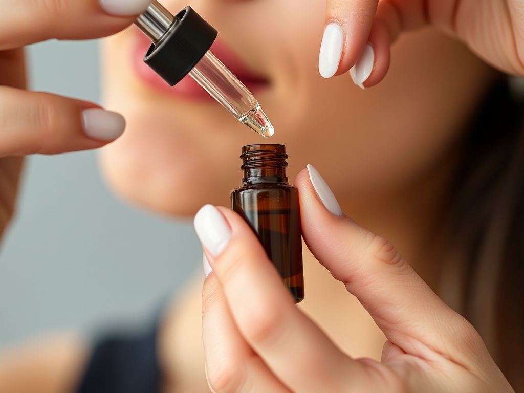 Close-up of hands holding a dropper bottle with serum being applied to the skin.