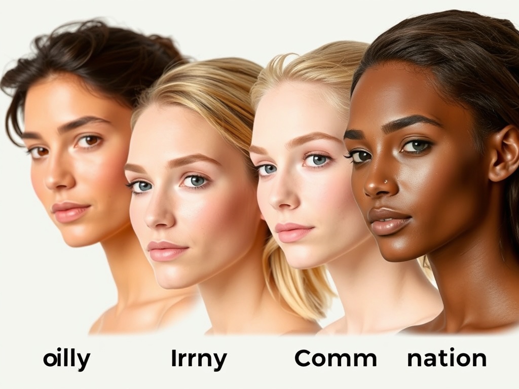 image of different skin types with text labels for oily, dry, sensitive, combination