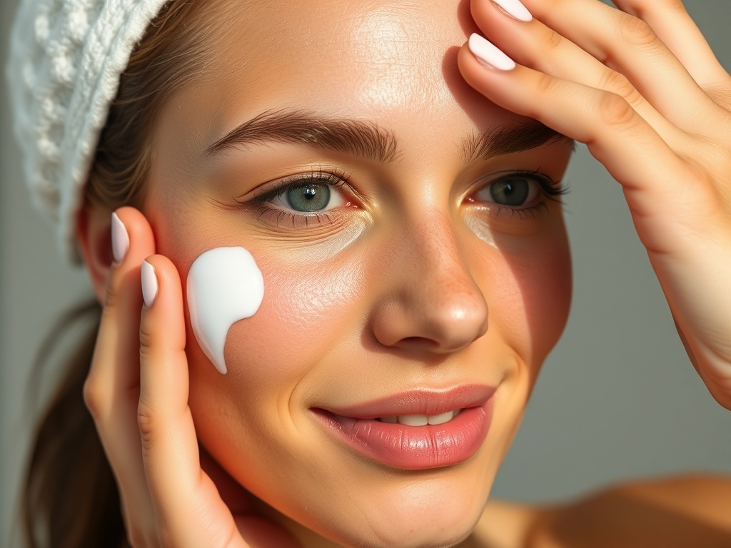 A person applying sunscreen on their face with a glowing skin texture