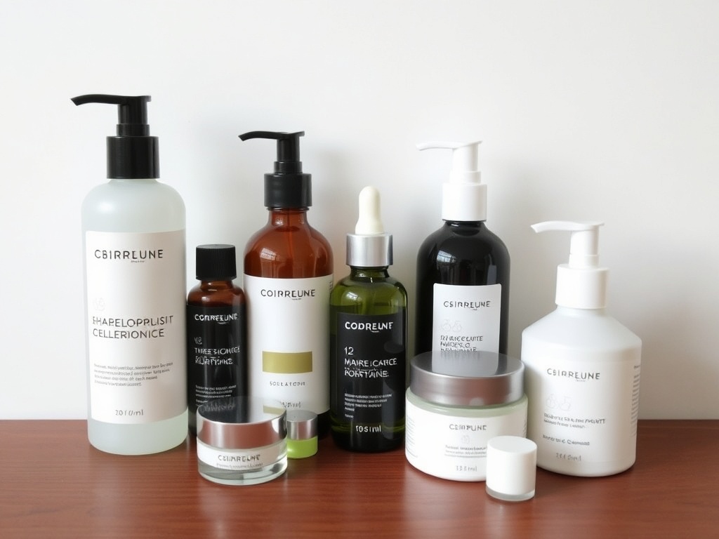 a minimalistic skincare routine setup with labeled products for easy understanding