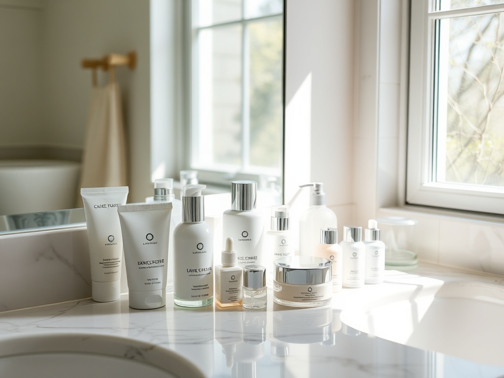a serene bathroom counter with neatly arranged skincare bottles, creams, and serums, natural morning light streaming through a window
