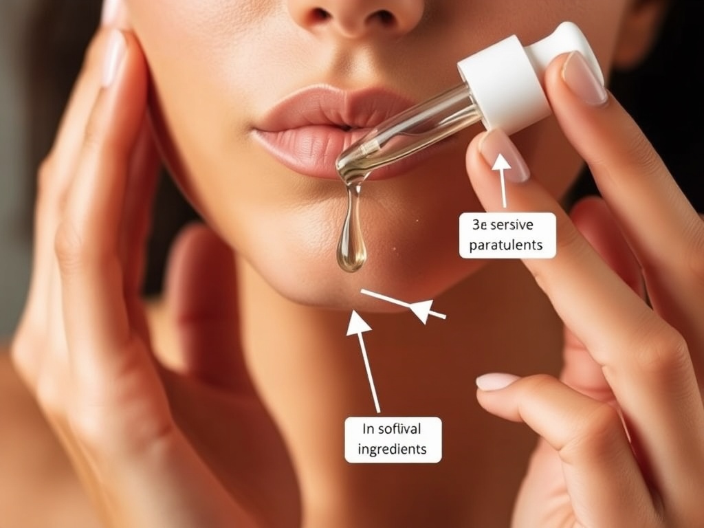 close-up of hands applying serum to skin, with small labeled arrows showing active ingredients