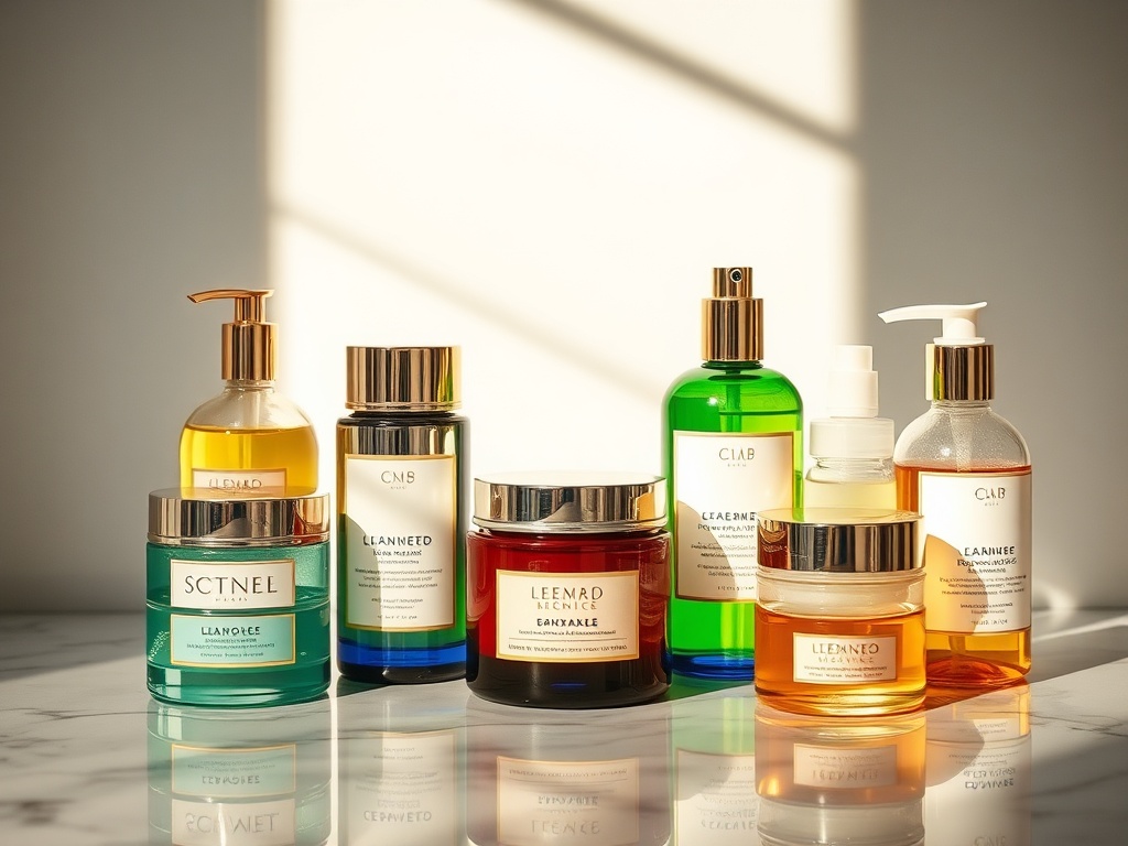 luxurious jars of moisturizer and oils on a marble countertop, sunlight glinting off the products