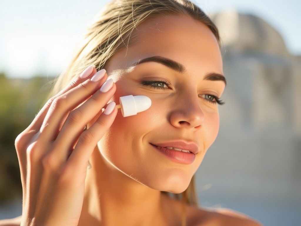 person applying sunscreen to face outdoors, sunlight highlighting skin glow