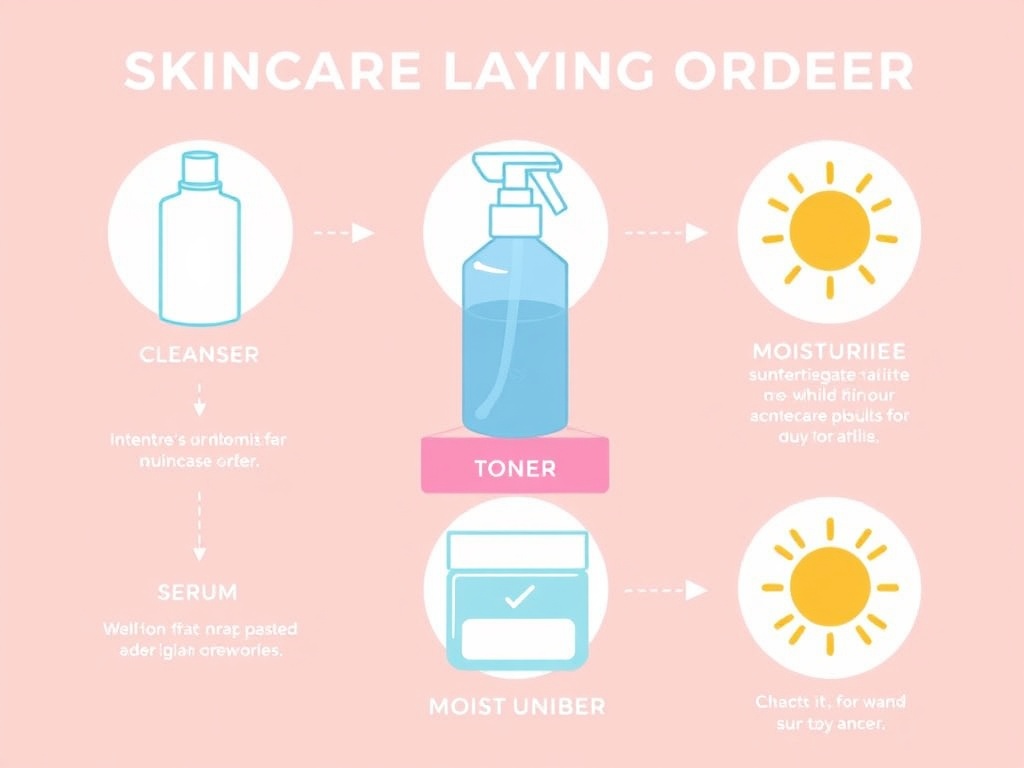 step-by-step infographic showing skincare layering order: cleanser, toner, serum, moisturizer, sunscreen