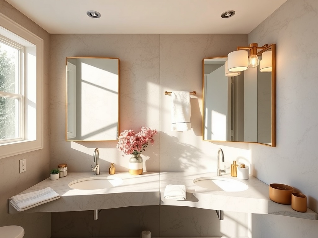 two side-by-side bathroom vanities, one for morning routine with sunlight, one for evening with soft lamp lighting