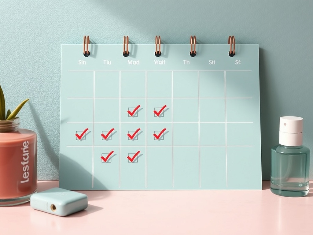 calendar with skincare routine checkmarks, consistency habit tracking aesthetic
