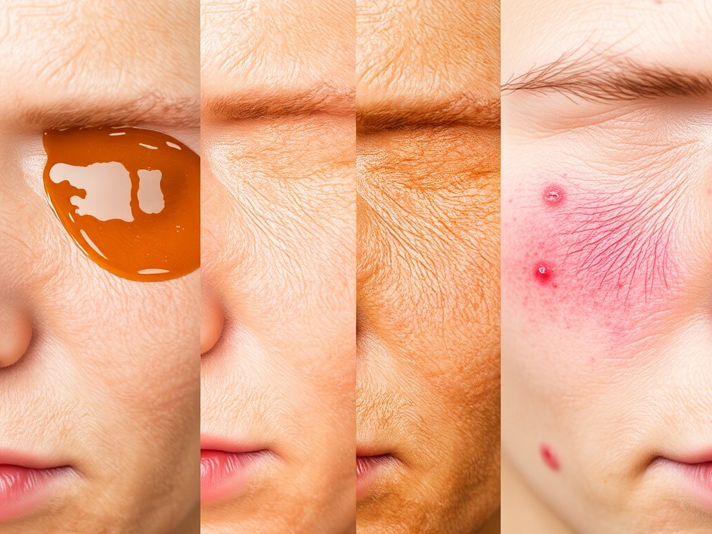 close-up of different skin textures showing oily shine, dry flaking, combination zones, and sensitive redness