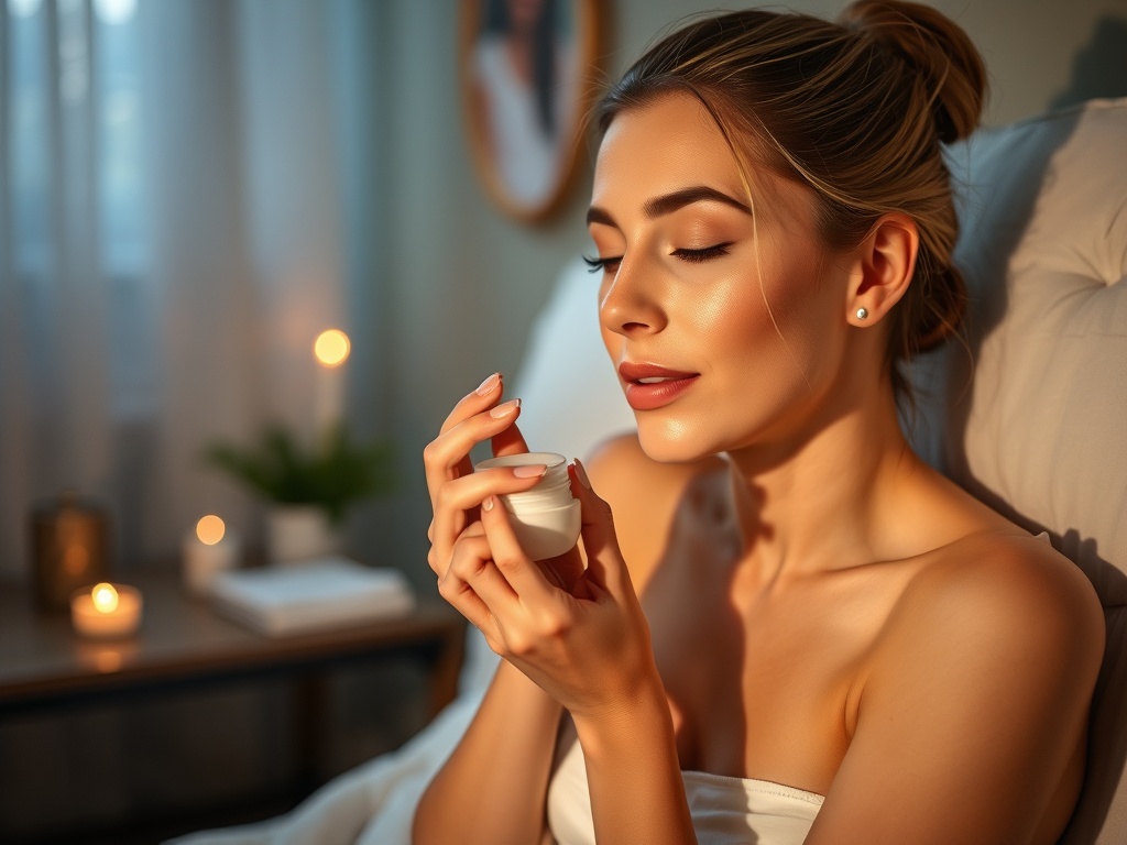 evening skincare routine with dim lighting, applying cream, calm relaxing bedroom environment