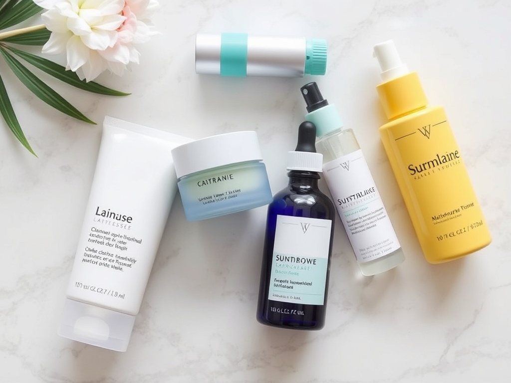 flat lay of cleanser, moisturizer, sunscreen, and serum arranged aesthetically on marble surface