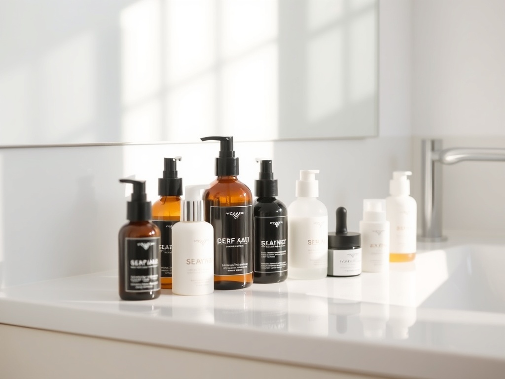 minimalist bathroom counter with neatly arranged skincare bottles, soft natural lighting, clean aesthetic