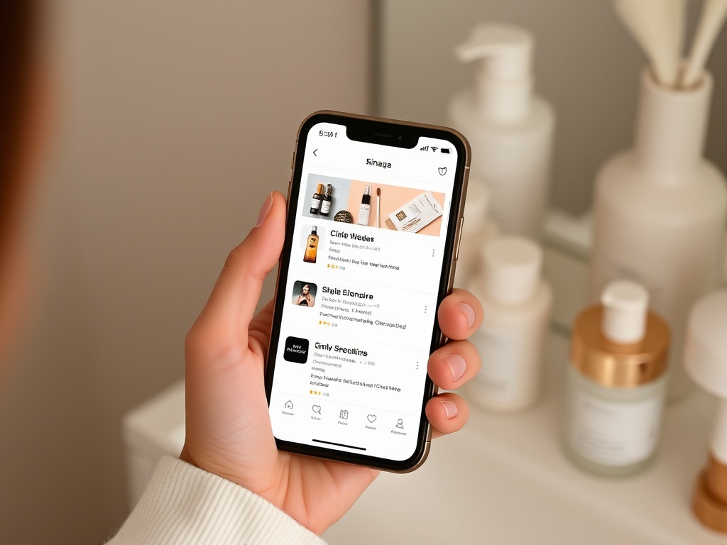 person scrolling phone with skincare trends contrasted with simple minimalist routine products