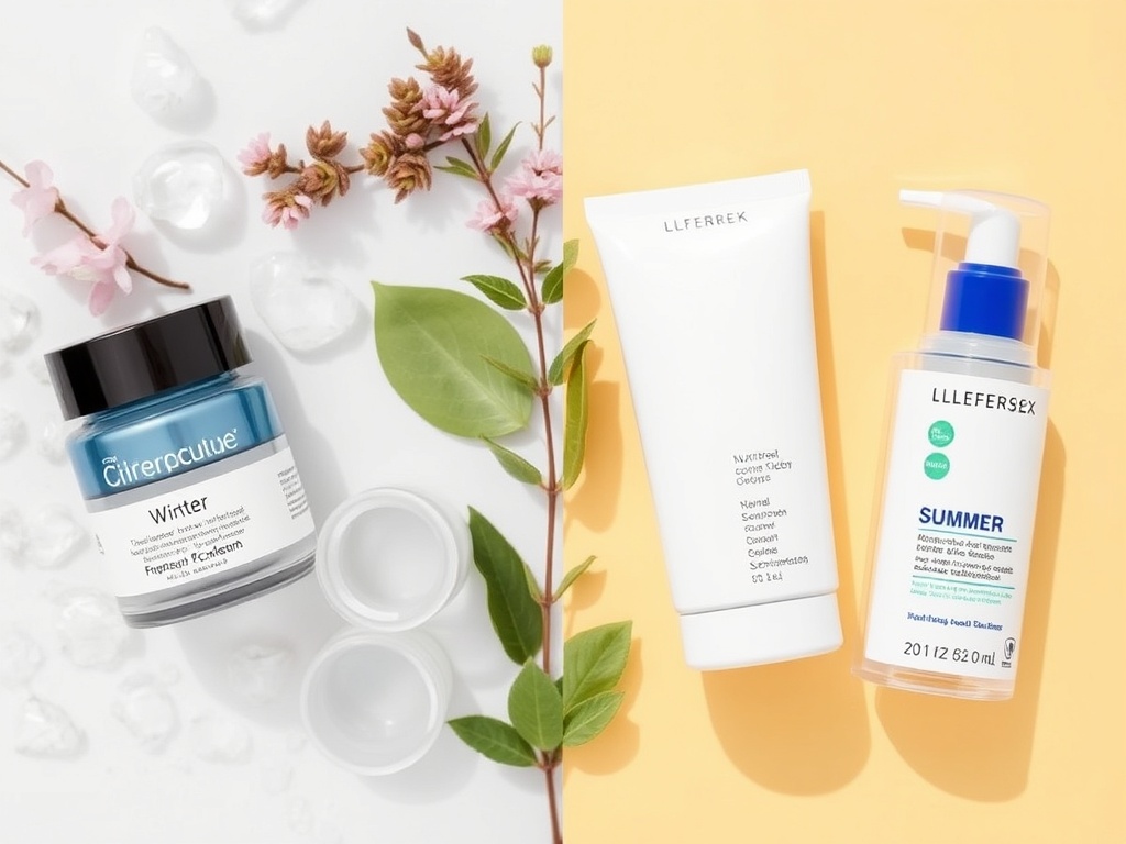 seasonal skincare flat lay with winter creams and summer sunscreen side by side
