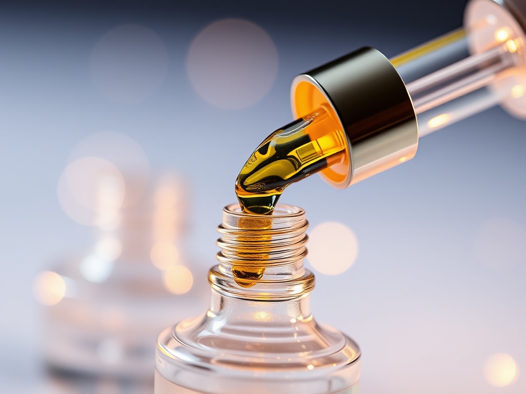 skincare serums with droppers, glowing liquids, close-up aesthetic macro photography