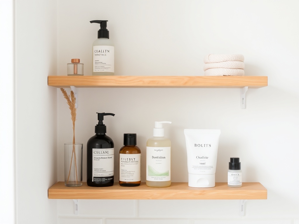 minimal bathroom shelf curated skincare routine aesthetic simple clean
