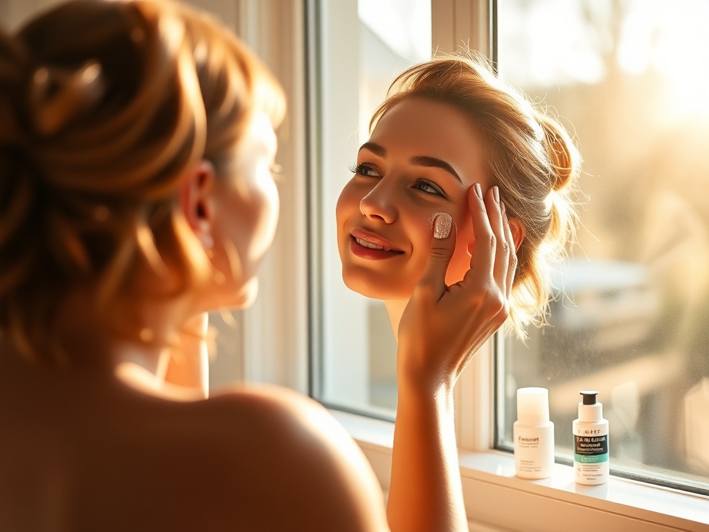 morning skincare routine by window sunlight woman applying sunscreen glowing skin