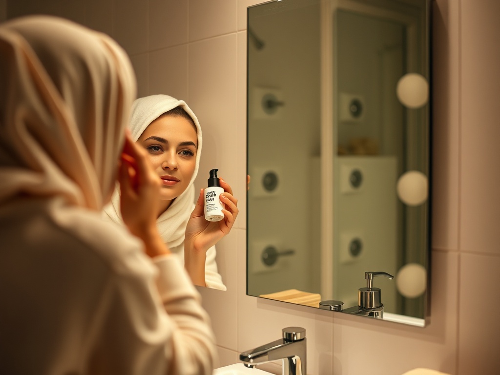 night skincare routine cozy bathroom mirror applying serum soft lighting