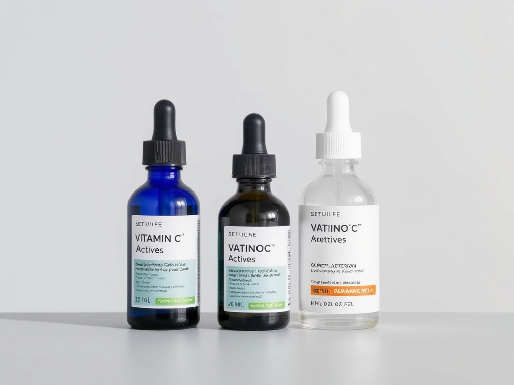skincare actives vitamin c retinol bottles minimal clean background