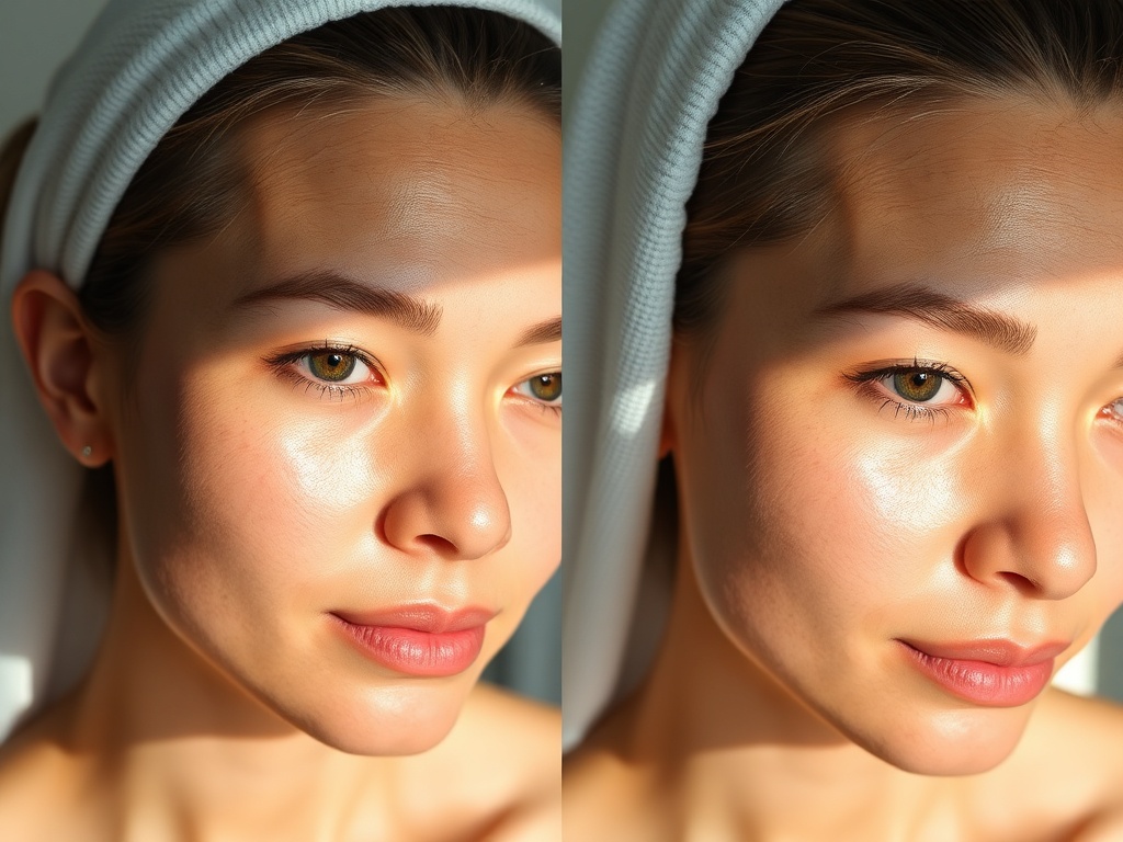 before and after subtle skin improvement natural lighting, same person, hydrated glow vs dull dryness, realistic editorial style