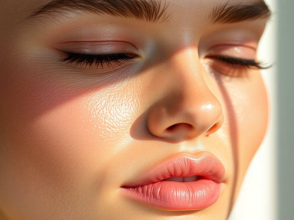 close-up of glowing hydrated skin with soft natural light, dewy texture, minimal makeup aesthetic, editorial beauty photography
