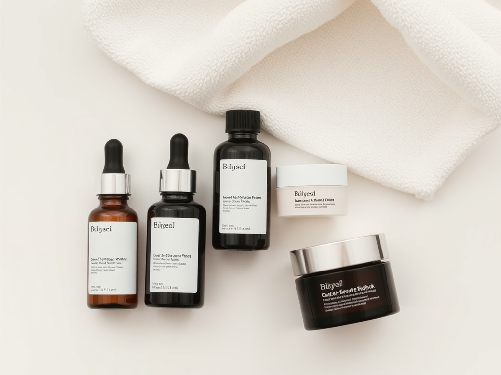 flat lay of skincare products arranged minimal style, serum, moisturizer, towel, soft lighting, neutral tones