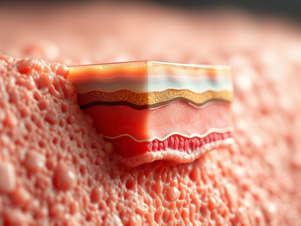 macro shot of skin barrier layers illustration blended with real skin texture, scientific yet aesthetic beauty visual