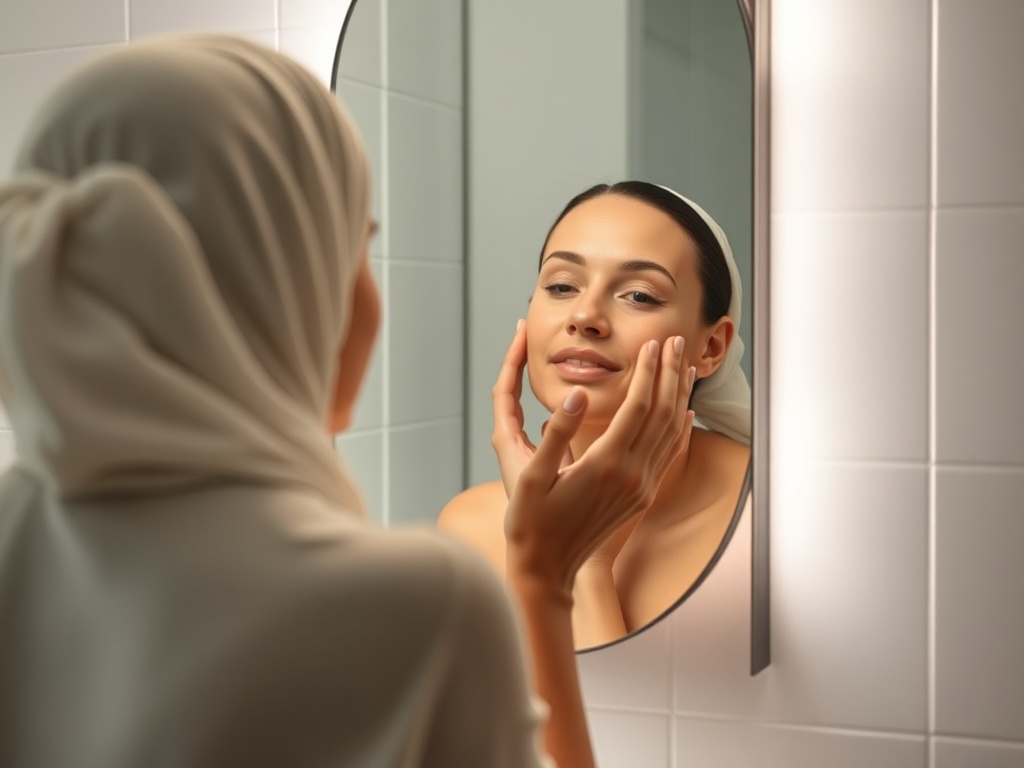 minimal bathroom mirror scene, person checking skin calmly, soft glow lighting, peaceful skincare moment